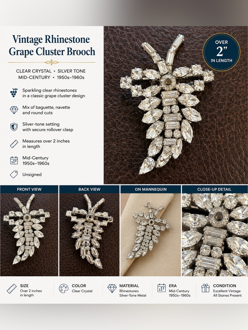 Vintage Crystal Clear Crystal Grape Cluster Brooch - Silver-Tone